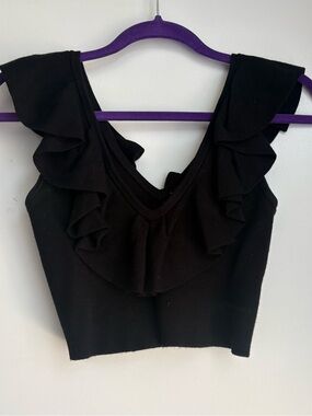Express Black Ruffle V-Neck Crop Top